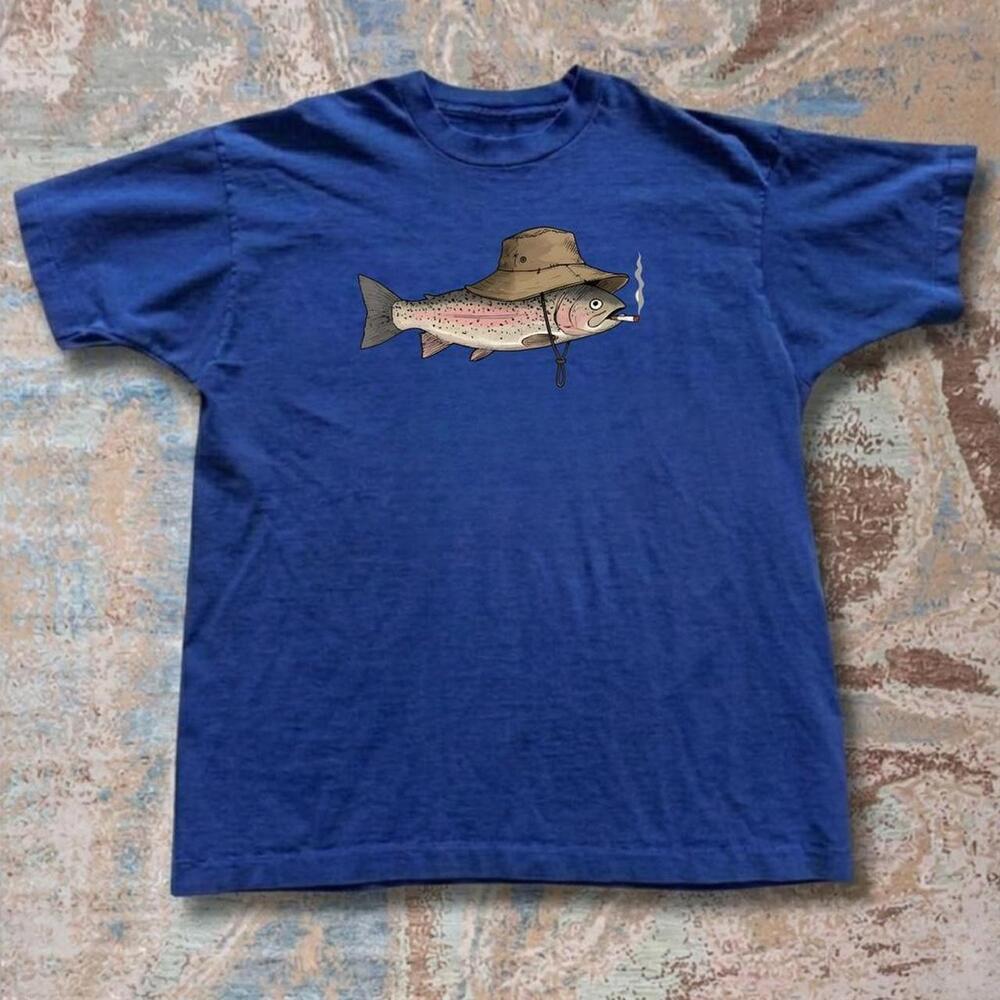 Blue Fishing Tee With Fish And Hat Design